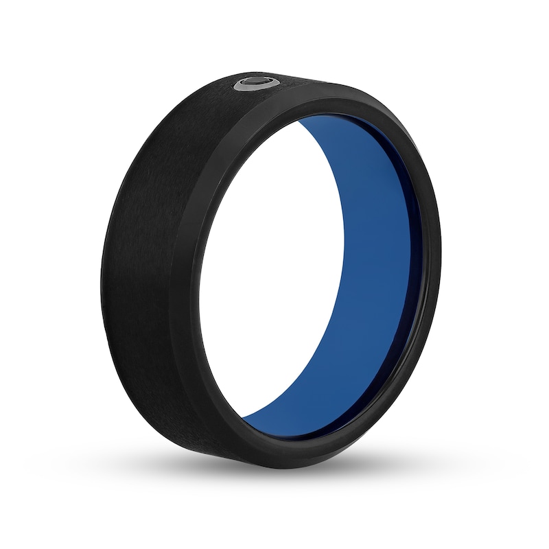 Men's 0.05 CT. Black Enhanced Diamond Bevelled Edge Comfort-Fit Wedding Band in Tungsten with Black and Blue IP (1 Line)