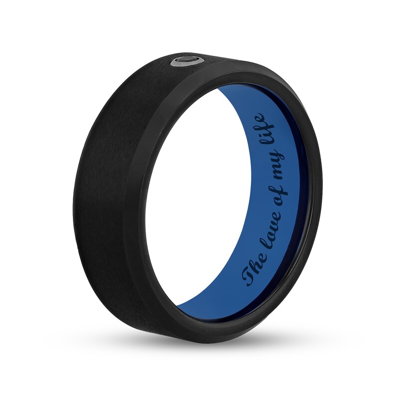 Main Image 4 of Men's 0.05 CT. Black Enhanced Diamond Bevelled Edge Comfort-Fit Wedding Band in Tungsten with Black and Blue IP (1 Line)