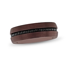 Men's Black Sapphire Ribbon Brushed Comfort-Fit Wedding Band in Tungsten with Brown IP (1 Line)