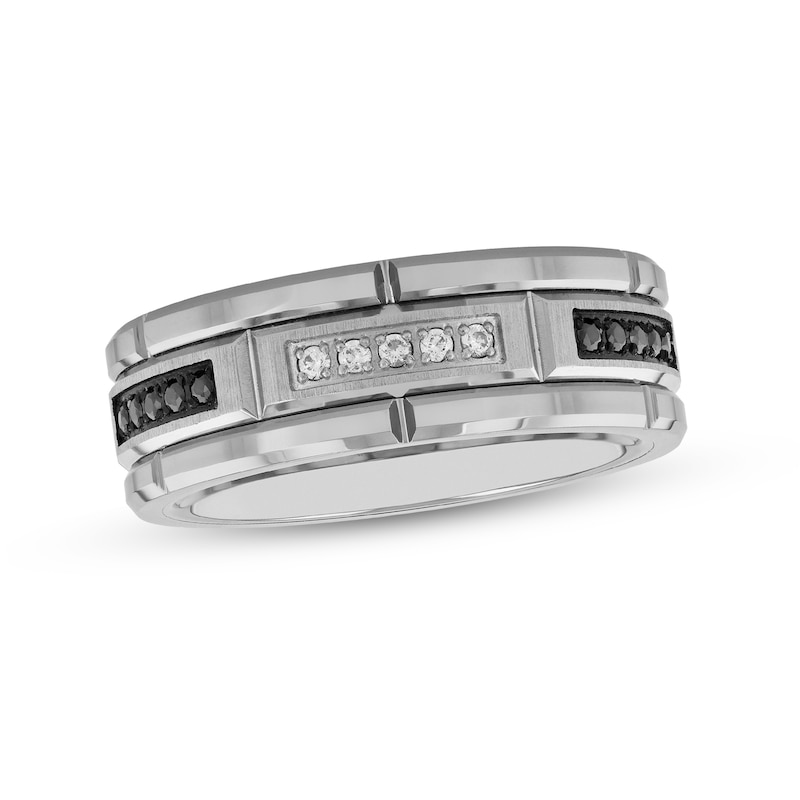 Men's 0.12 CT. T.W. Black Enhanced and White Diamond Brick Pattern Wedding Band in Tungsten and Black IP (1 Line)|Peoples Jewellers