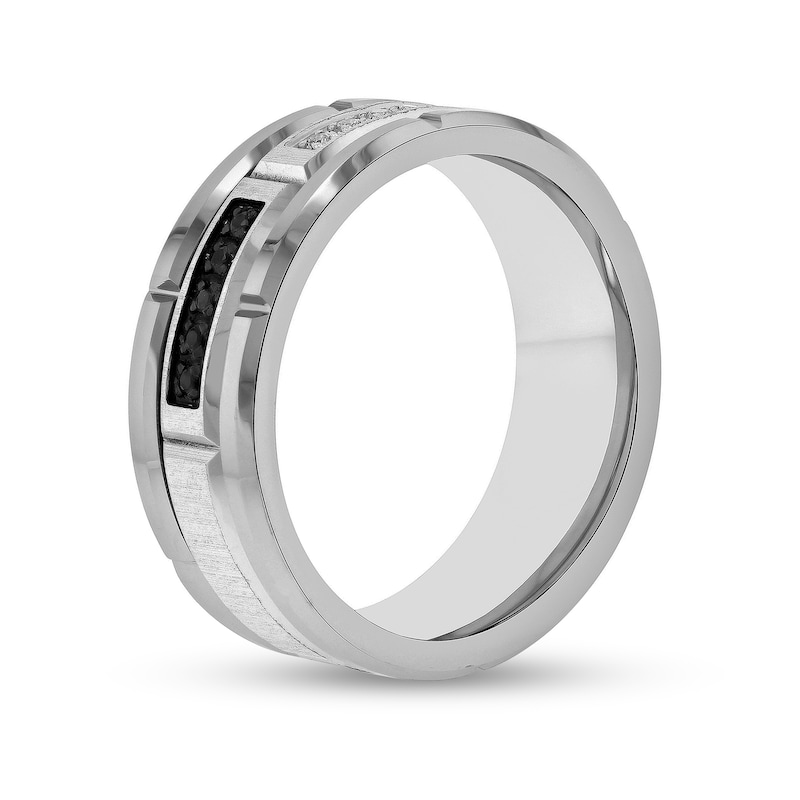 Main Image 3 of Men's 0.12 CT. T.W. Black Enhanced and White Diamond Brick Pattern Wedding Band in Tungsten and Black IP (1 Line)
