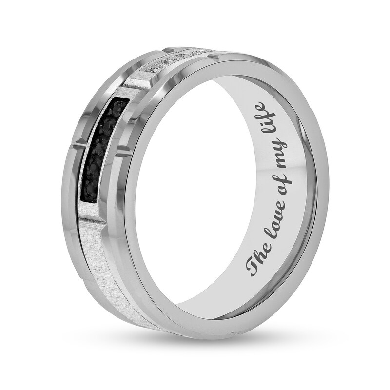 Main Image 4 of Men's 0.12 CT. T.W. Black Enhanced and White Diamond Brick Pattern Wedding Band in Tungsten and Black IP (1 Line)