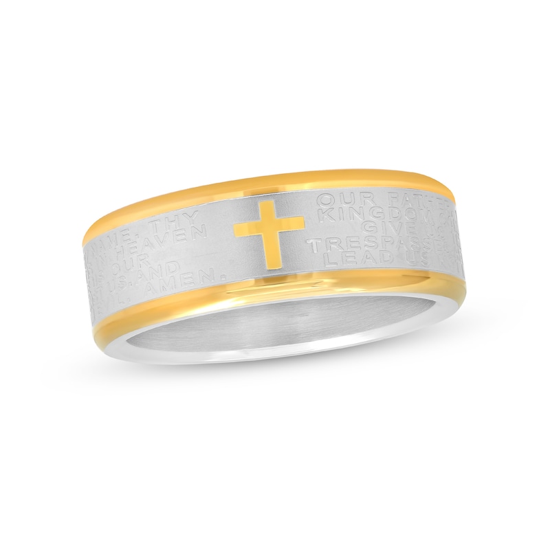 Men's 8.0mm Multi-Finish Lord's Prayer Comfort-Fit Engravable Wedding Band in Stainless Steel and Yellow IP (1 Line)|Peoples Jewellers