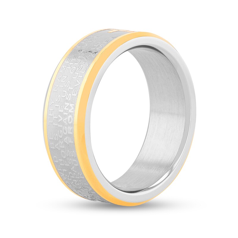 Main Image 3 of Men's 8.0mm Multi-Finish Lord's Prayer Comfort-Fit Engravable Wedding Band in Stainless Steel and Yellow IP (1 Line)