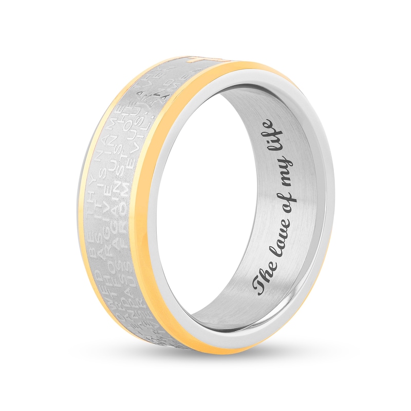 Main Image 4 of Men's 8.0mm Multi-Finish Lord's Prayer Comfort-Fit Engravable Wedding Band in Stainless Steel and Yellow IP (1 Line)