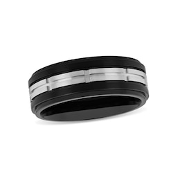 Men's 8.0mm Double Row Rectangle Pattern Comfort-Fit Wedding Band in Stainless Steel and Black IP (1 Line)