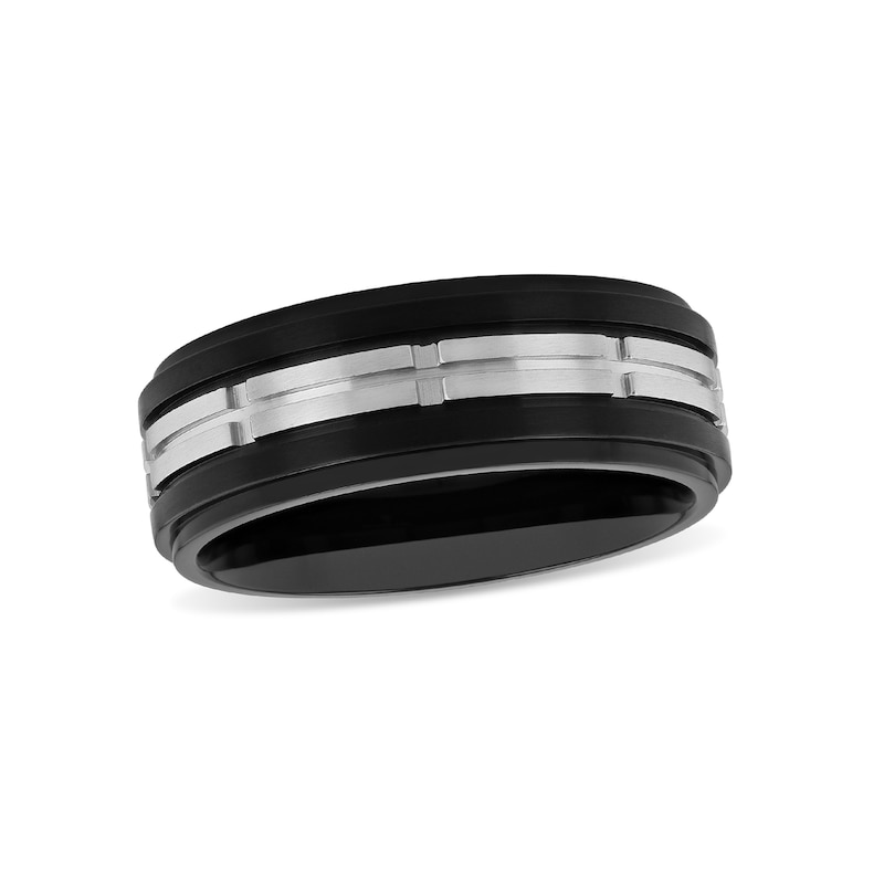 Men's 8.0mm Double Row Rectangle Pattern Comfort-Fit Wedding Band in Stainless Steel and Black IP (1 Line)|Peoples Jewellers