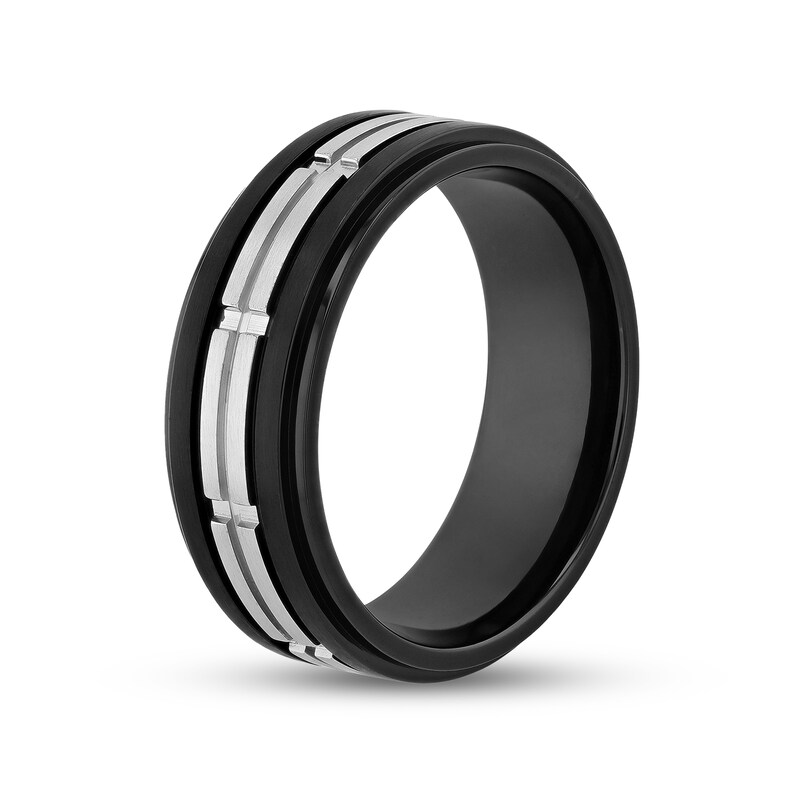 Main Image 3 of Men's 8.0mm Double Row Rectangle Pattern Comfort-Fit Wedding Band in Stainless Steel and Black IP (1 Line)