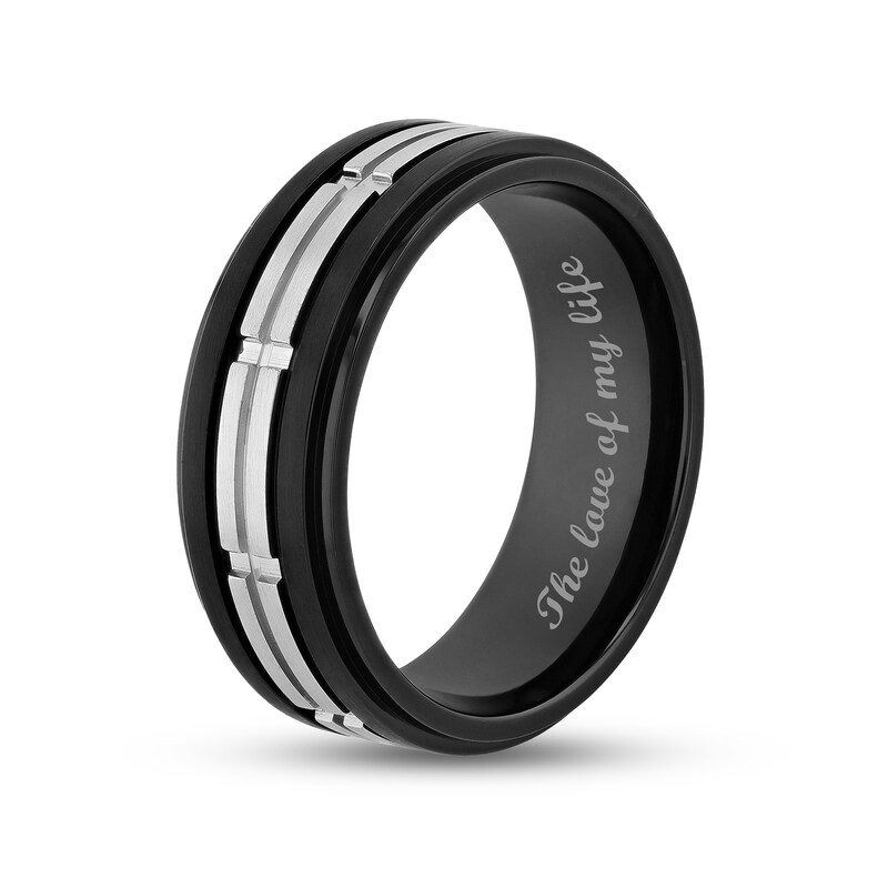 Main Image 4 of Men's 8.0mm Double Row Rectangle Pattern Comfort-Fit Wedding Band in Stainless Steel and Black IP (1 Line)