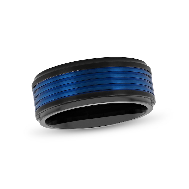 Men's 9.0mm Mult-Groove Inlay Stepped Edge Comfort-Fit Wedding Band in Stainless Steel with Black and Blue IP (1 Line)