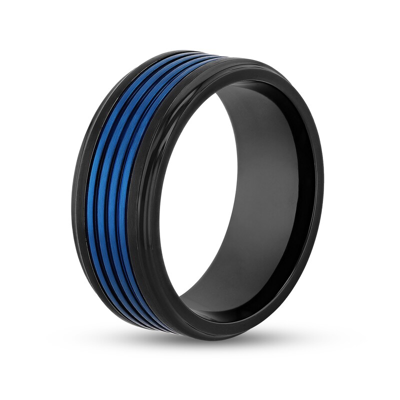 Main Image 3 of Men's 9.0mm Mult-Groove Inlay Stepped Edge Comfort-Fit Wedding Band in Stainless Steel with Black and Blue IP (1 Line)