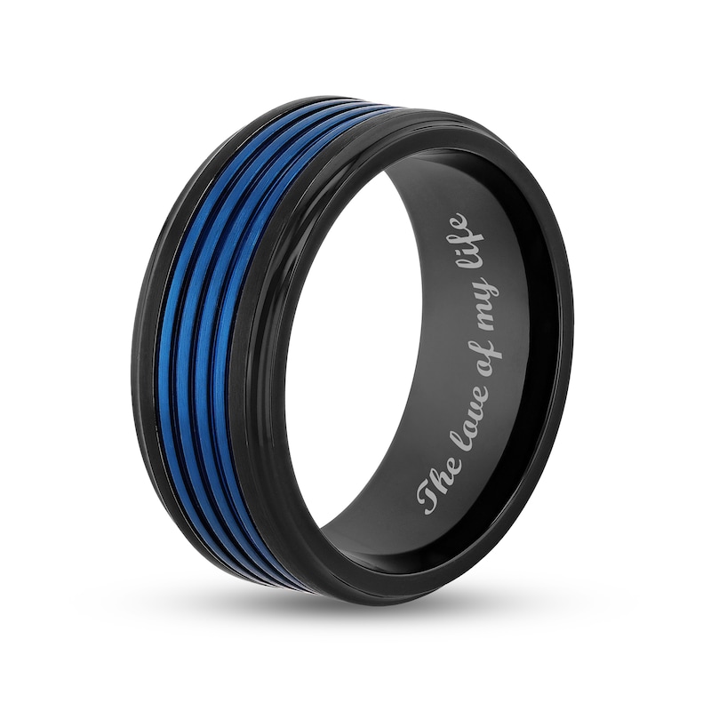 Men's 9.0mm Mult-Groove Inlay Stepped Edge Comfort-Fit Wedding Band in Stainless Steel with Black and Blue IP (1 Line)