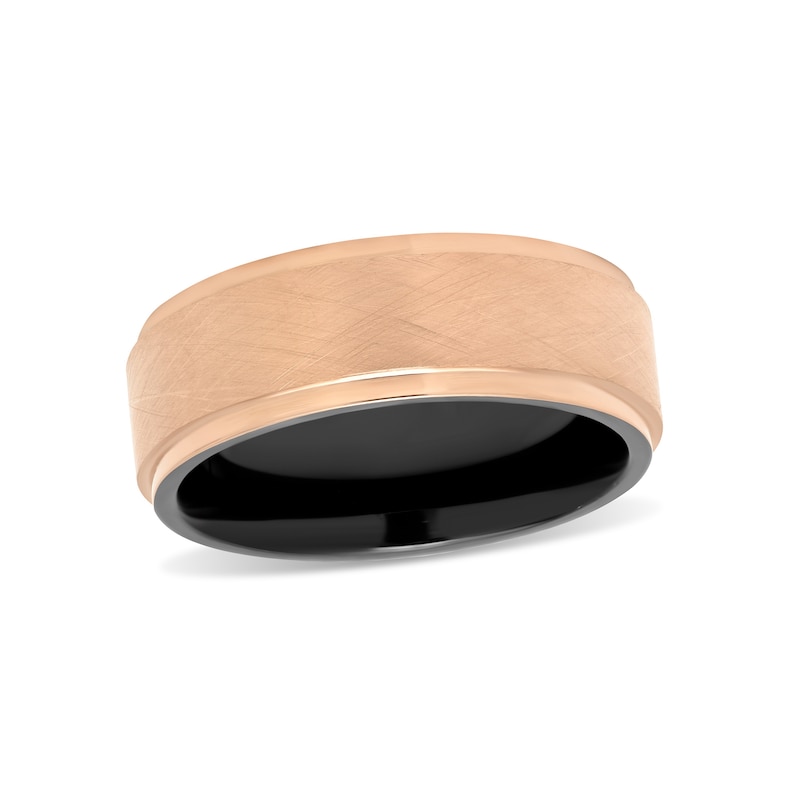 Men's 8.0mm Multi-Finish Stepped Edge Comfort-Fit Wedding Band in Stainless Steel with Black and Rose IP (1 Line)|Peoples Jewellers