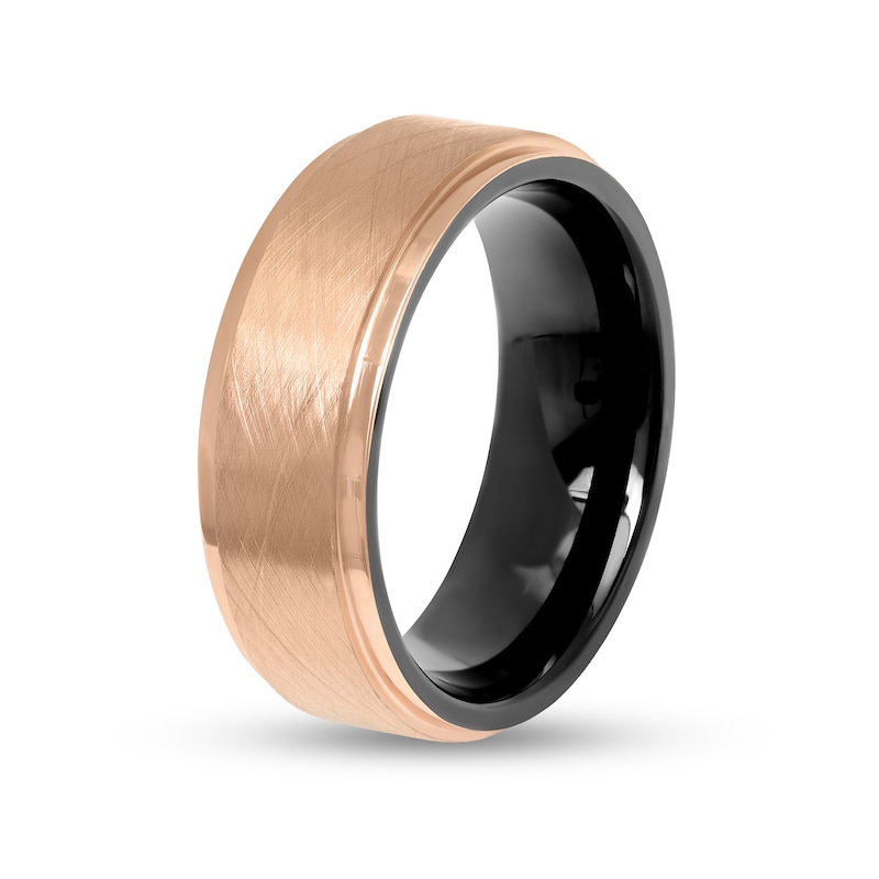 Men's 8.0mm Multi-Finish Stepped Edge Comfort-Fit Wedding Band in Stainless Steel with Black and Rose IP (1 Line)