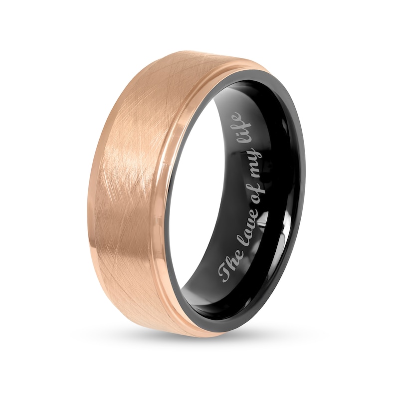 Main Image 4 of Men's 8.0mm Multi-Finish Stepped Edge Comfort-Fit Wedding Band in Stainless Steel with Black and Rose IP (1 Line)