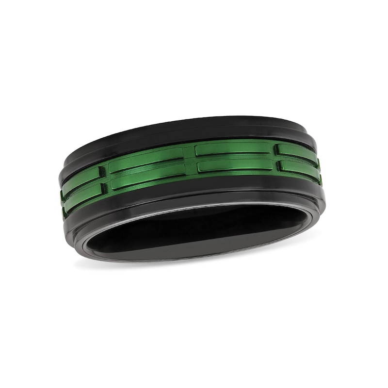 Men's 8.0mm Double Row Rectangle Pattern Comfort-Fit Wedding Band in Stainless Steel with Black and Green IP (1 Line)|Peoples Jewellers