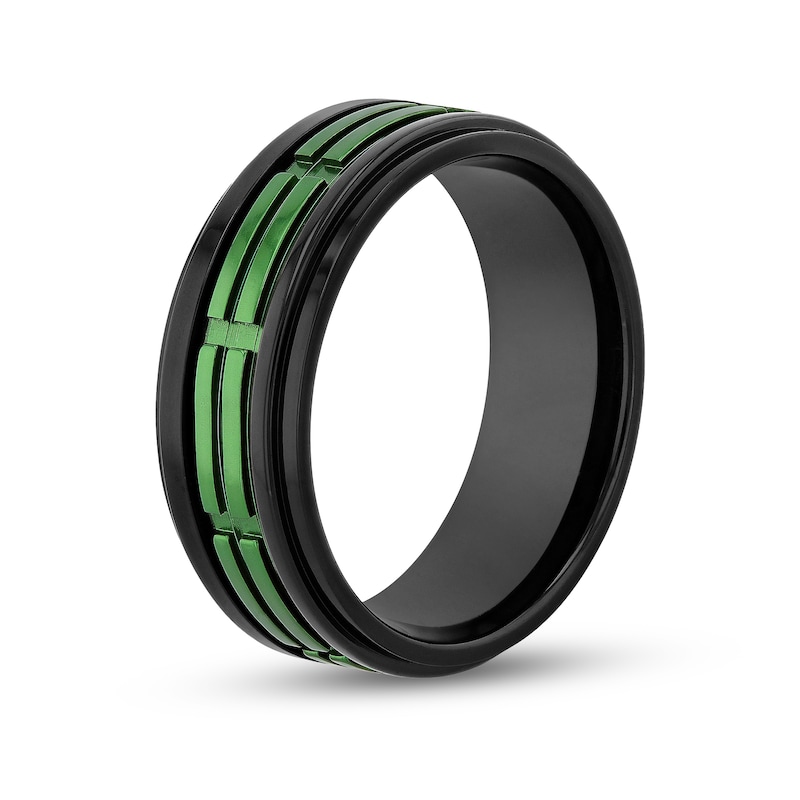 Main Image 3 of Men's 8.0mm Double Row Rectangle Pattern Comfort-Fit Wedding Band in Stainless Steel with Black and Green IP (1 Line)