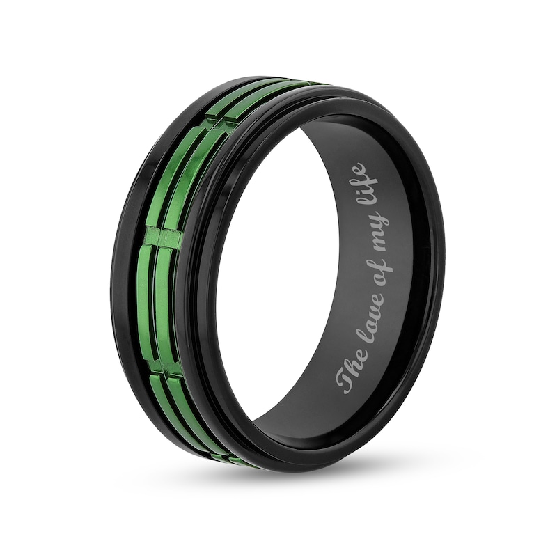 Main Image 4 of Men's 8.0mm Double Row Rectangle Pattern Comfort-Fit Wedding Band in Stainless Steel with Black and Green IP (1 Line)