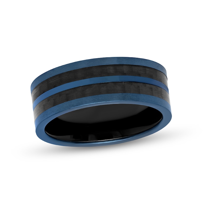 Men's 8.0mm Double Row Carbon Fibre Inlay Comfort-Fit Wedding Band in Stainless Steel with Black and Blue IP (1 Line)|Peoples Jewellers