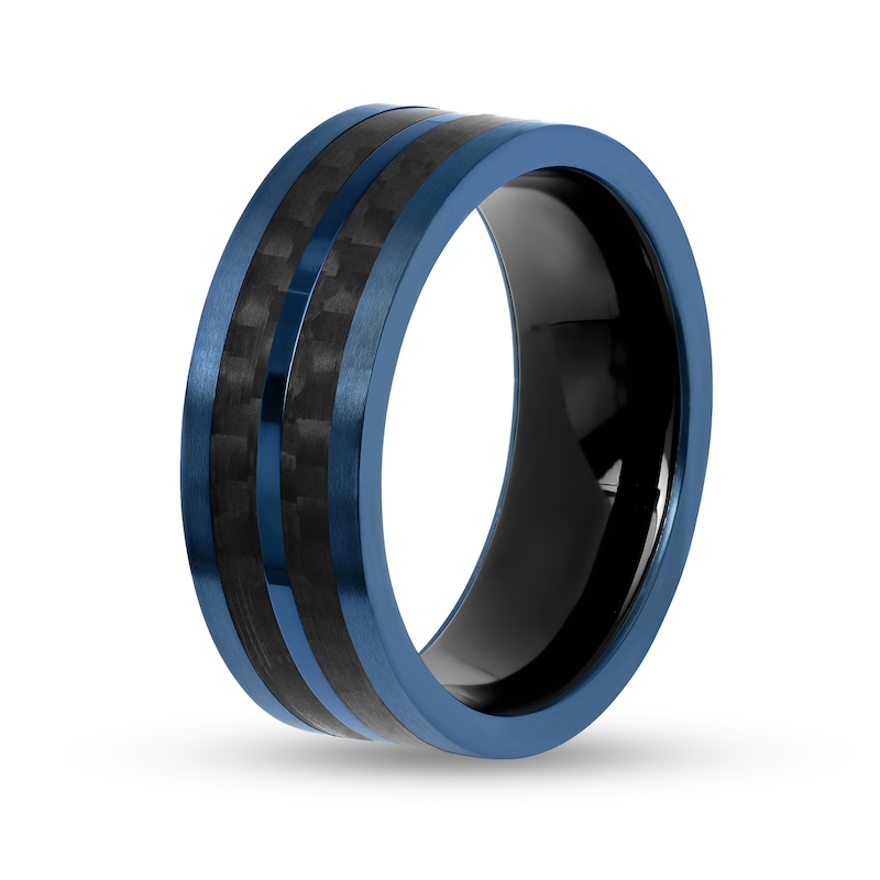 Main Image 3 of Men's 8.0mm Double Row Carbon Fibre Inlay Comfort-Fit Wedding Band in Stainless Steel with Black and Blue IP (1 Line)