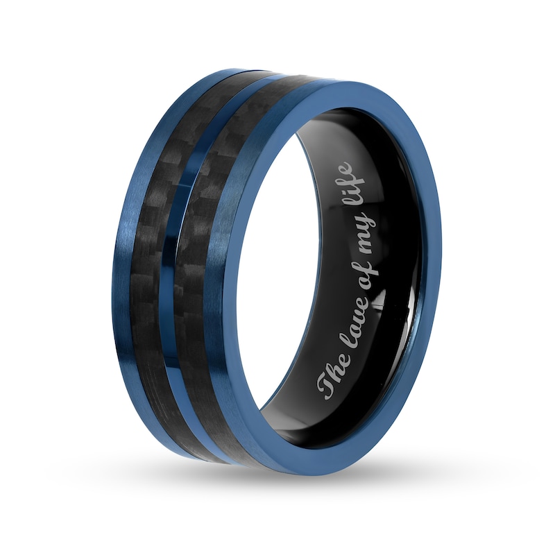 Main Image 4 of Men's 8.0mm Double Row Carbon Fibre Inlay Comfort-Fit Wedding Band in Stainless Steel with Black and Blue IP (1 Line)
