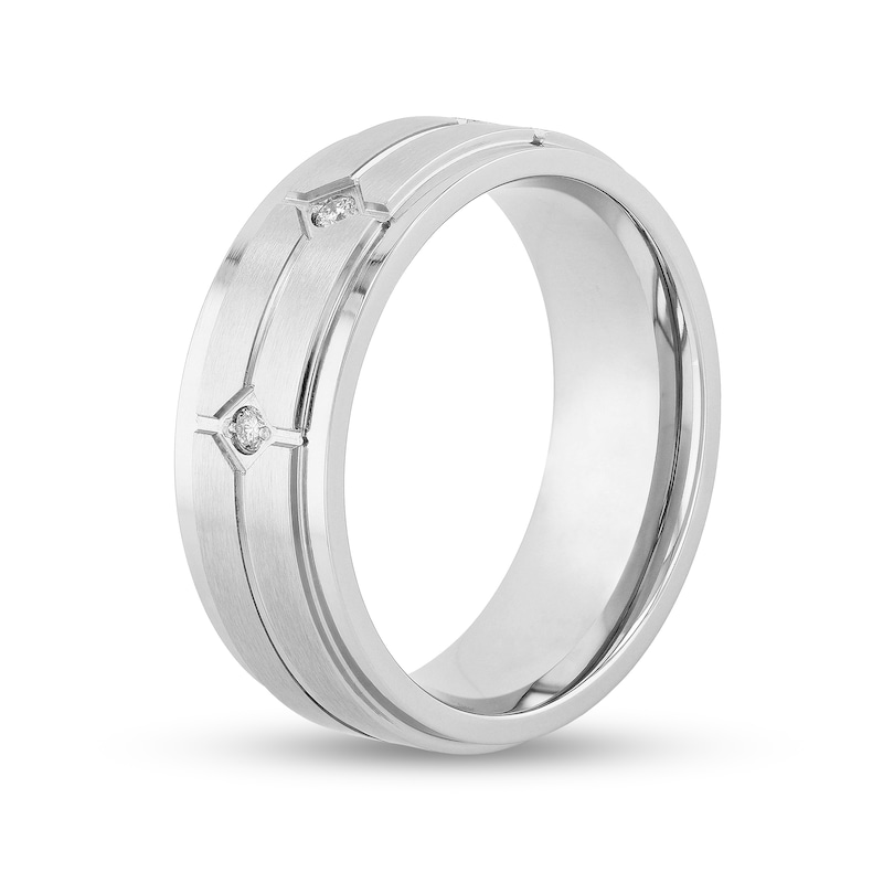 Main Image 3 of Men's 0.04 CT. T.W. Diamond Three Stone Double Row Stepped Edge Comfort-Fit Wedding Band in Stainless Steel (1 Line)