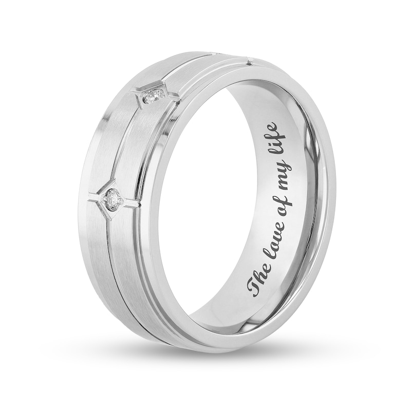 Main Image 4 of Men's 0.04 CT. T.W. Diamond Three Stone Double Row Stepped Edge Comfort-Fit Wedding Band in Stainless Steel (1 Line)