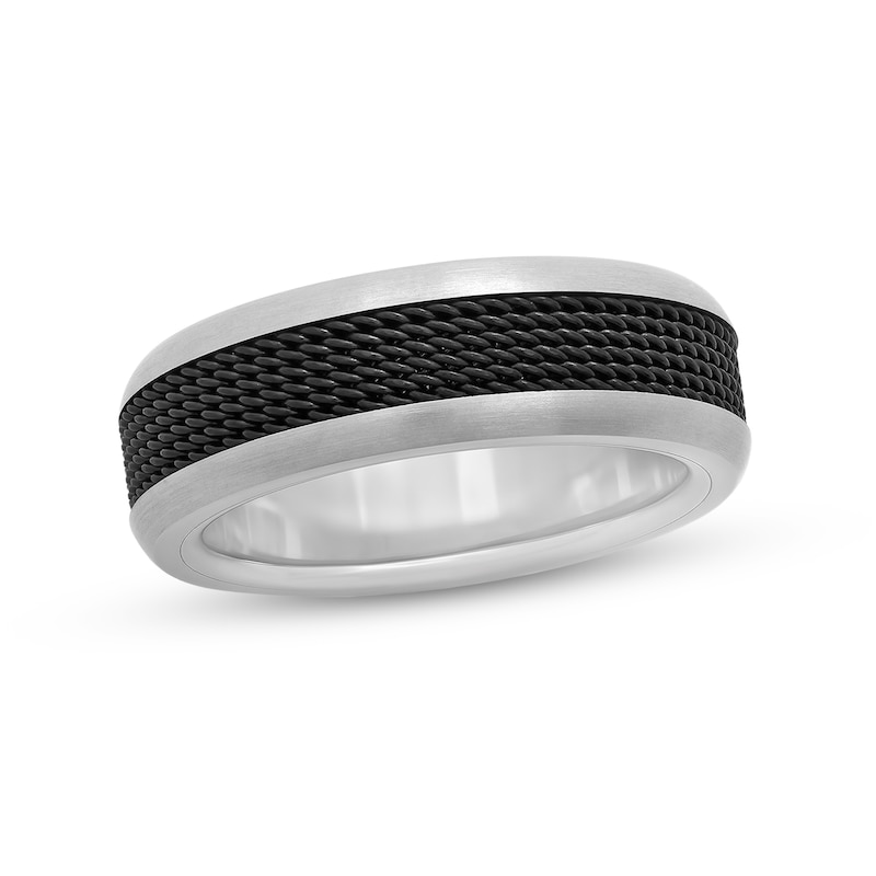 Men's 7.5mm Multi-Finish Mesh Ribbon Comfort-Fit Engravable Wedding Band in Titanium and Black IP (1 Line)|Peoples Jewellers