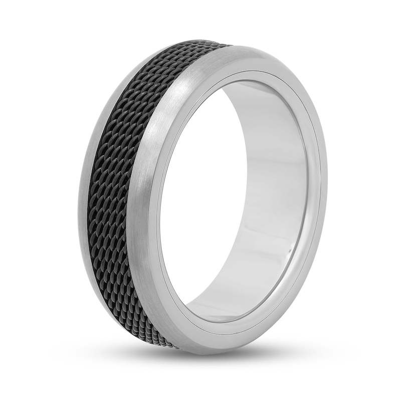 Men's 7.5mm Multi-Finish Mesh Ribbon Comfort-Fit Engravable Wedding Band in Titanium and Black IP (1 Line)|Peoples Jewellers