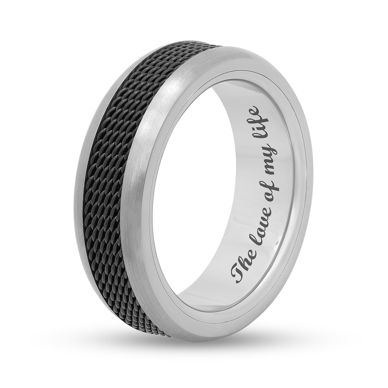 Main Image 4 of Men's 7.5mm Multi-Finish Mesh Ribbon Comfort-Fit Engravable Wedding Band in Titanium and Black IP (1 Line)