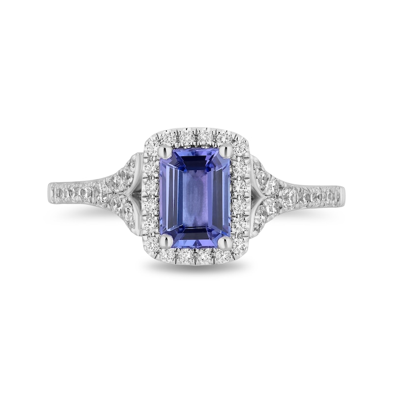 Enchanted Disney Ariel Blue Tanzanite and 0.37 CT. T.W. Diamond Frame Split Shank Engagement Ring in 14K White Gold