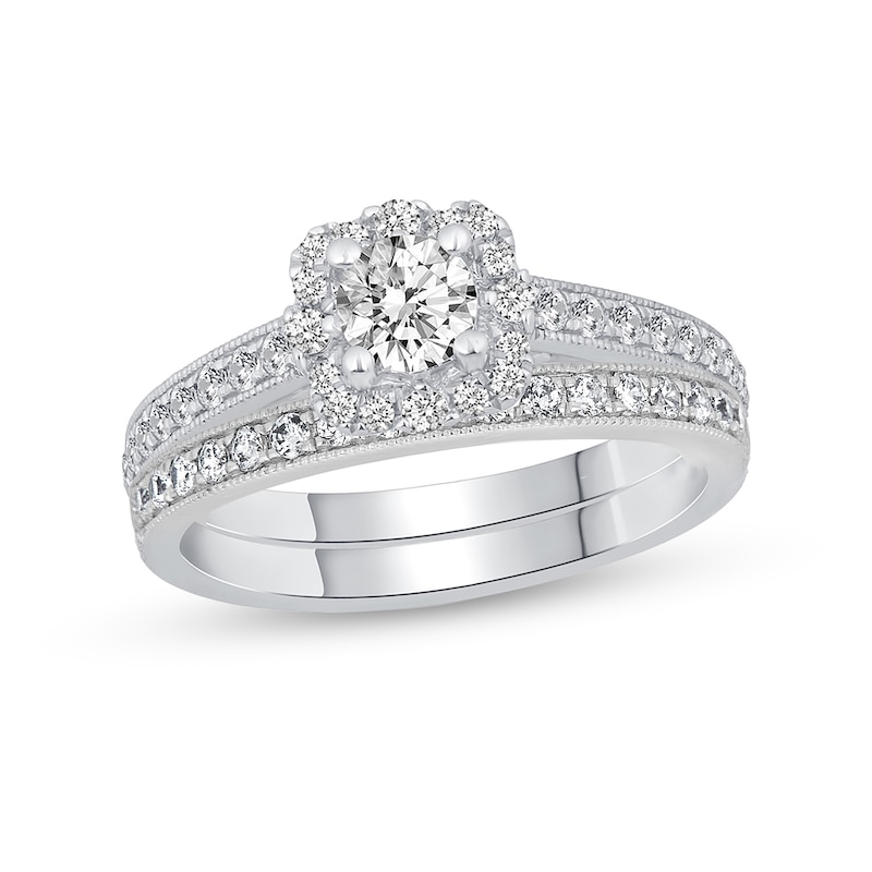 0.97 CT. T.W. Diamond Scallop Edge Frame Bridal Set in 14K White Gold