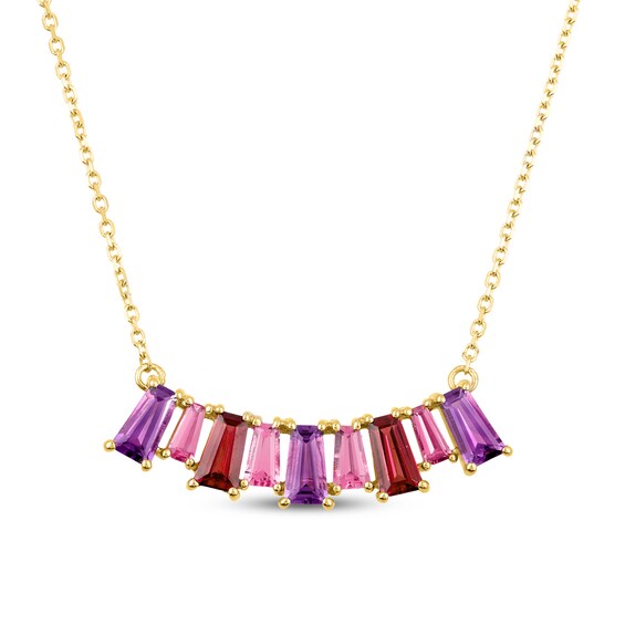Baguette Amethyst, Garnet and Pink Tourmaline Alternating Curved Bar Necklace in 10K Gold