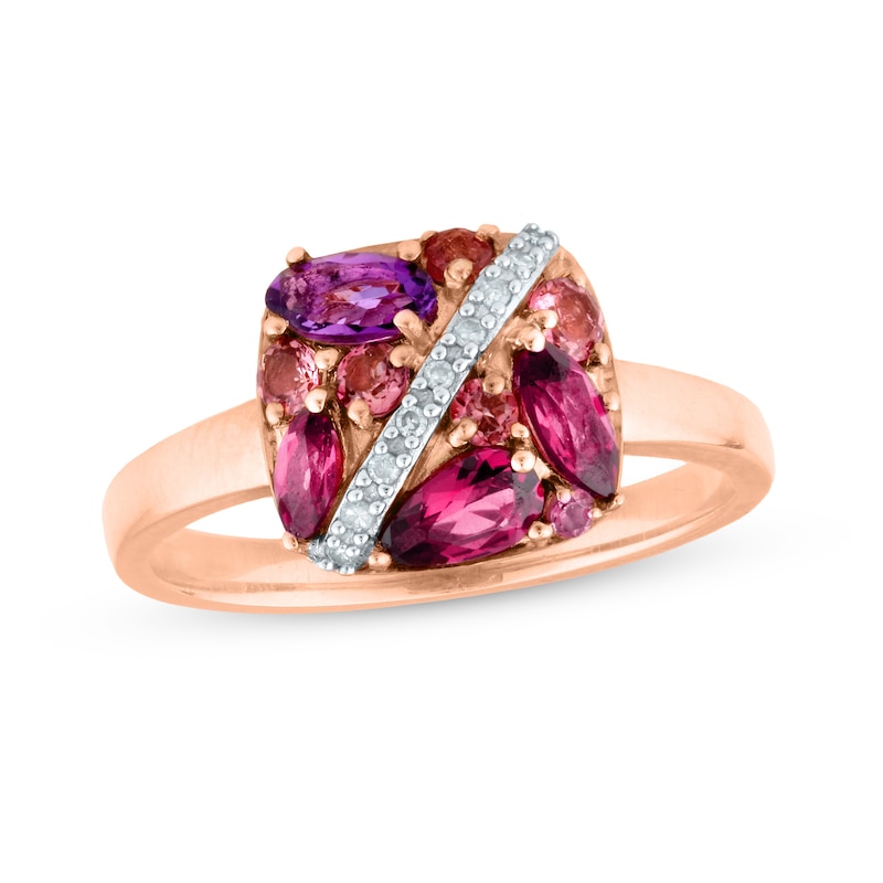 Multi-Gemstone Cluster and 0.04 CT. T.W. Diamond Slant Ribbon Overlay Cushion Ring in 10K Rose Gold