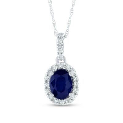 Oval Blue Sapphire and 0.12 CT. T.W. Diamond Frame Drop Pendant in 14K Gold