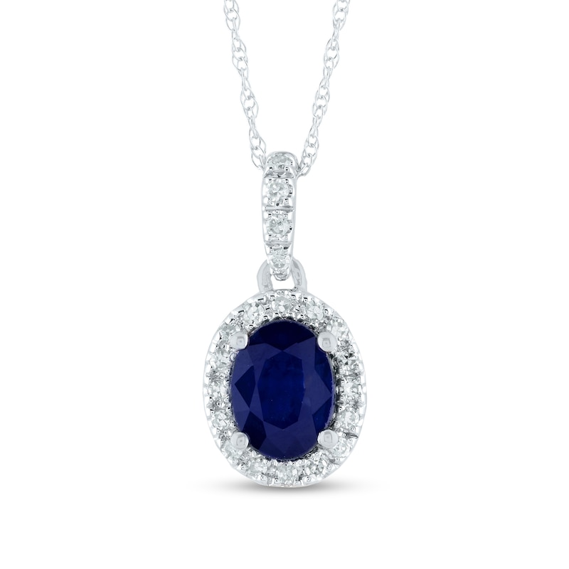 Oval Blue Sapphire and 0.12 CT. T.W. Diamond Frame Drop Pendant in 14K White Gold|Peoples Jewellers