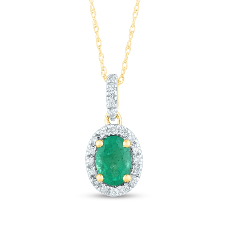 Oval Emerald and 0.12 CT. T.W. Diamond Frame Drop Pendant in 14K Gold