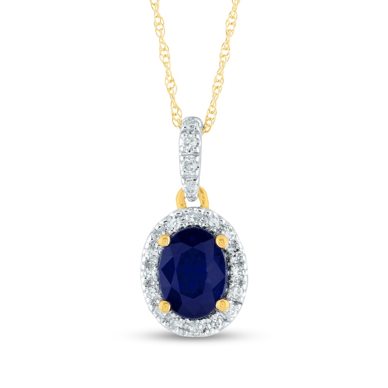 Oval Blue Sapphire and 0.12 CT. T.W. Diamond Frame Drop Pendant in 14K Gold