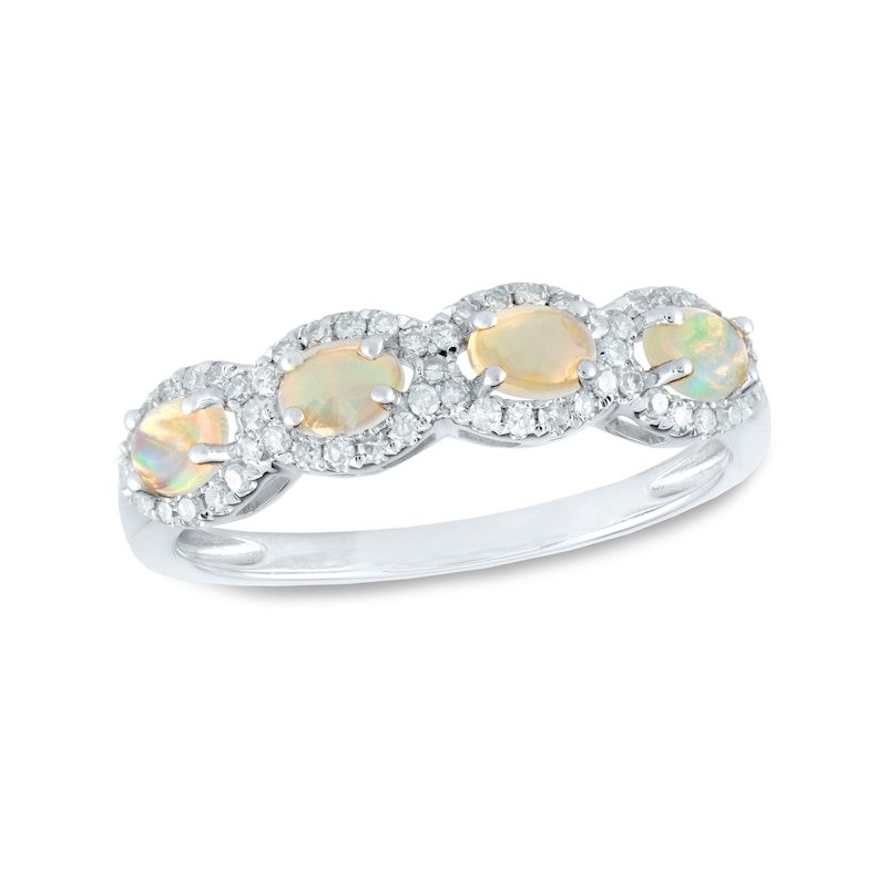 Sideways Oval Opal and 0.22 CT. T.W. Diamond Frame Four Stone Ring in 14K Gold