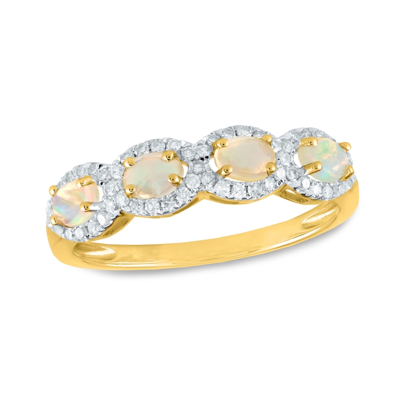 Sideways Oval Opal and 0.22 CT. T.W. Diamond Frame Four Stone Ring in 14K Gold