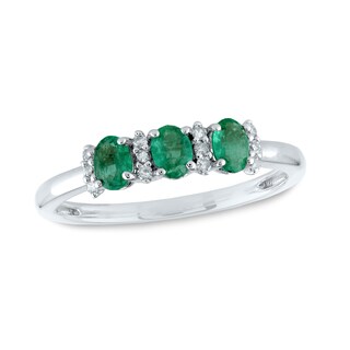 Oval Emerald and 0.08 CT. T.W. Diamond Three Stone Ring in 14K Gold