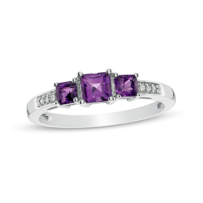 Main Image 1 of Princess-Cut Amethyst and Diamond Accent Three Stone Ring in 10K White Gold