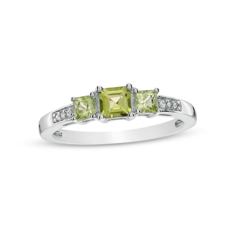 Princess-Cut Peridot and Diamond Accent Three Stone Ring in 10K White Gold