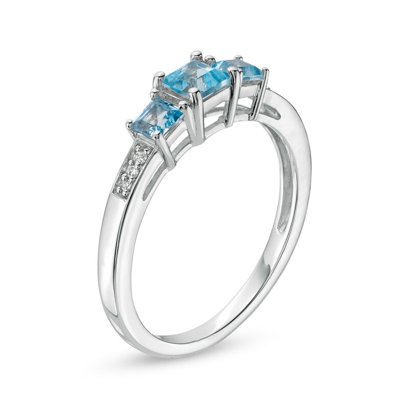 Main Image 3 of Princess-Cut Swiss Blue Topaz and Diamond Accent Three Stone Ring in 10K White Gold