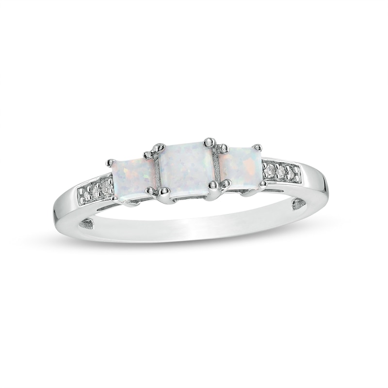 Princess-Cut Lab-Created Opal and Diamond Accent Three Stone Ring in 10K White Gold