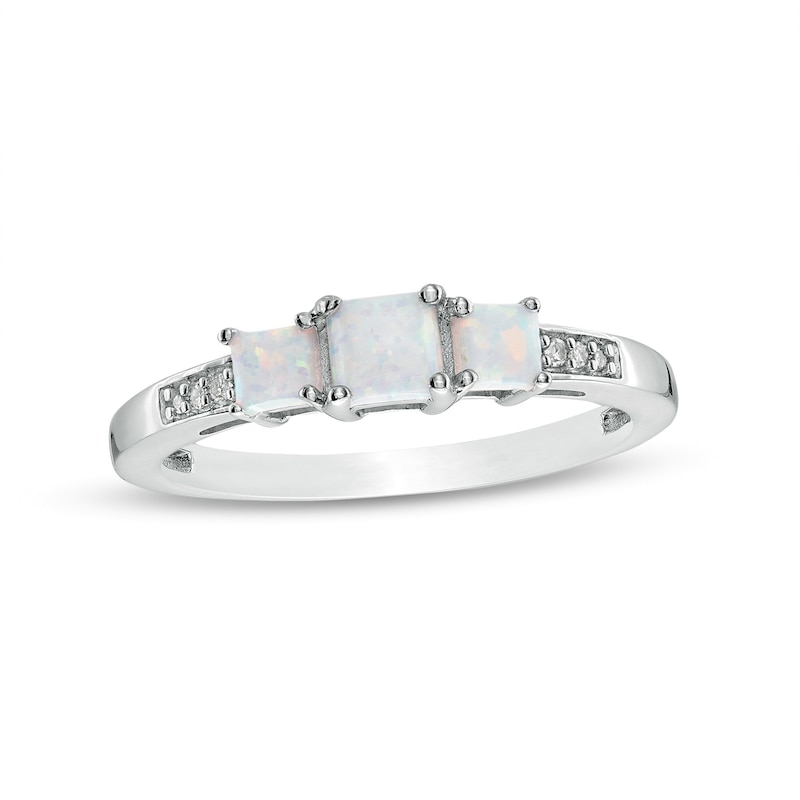 Princess-Cut Lab-Created Opal and Diamond Accent Three Stone Ring in 10K White Gold|Peoples Jewellers