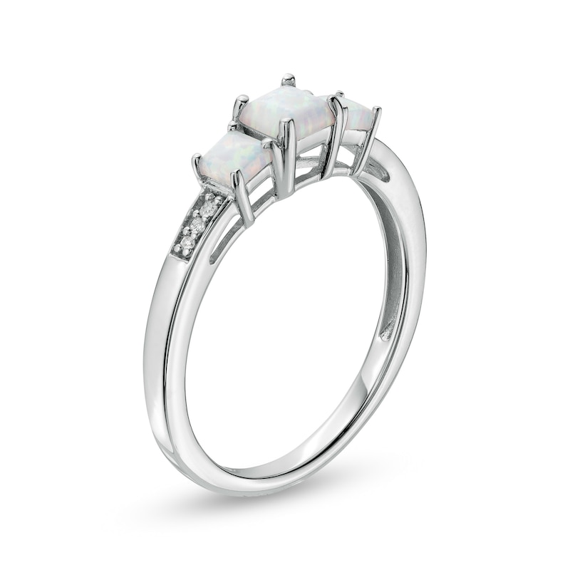 Princess-Cut Lab-Created Opal and Diamond Accent Three Stone Ring in 10K White Gold