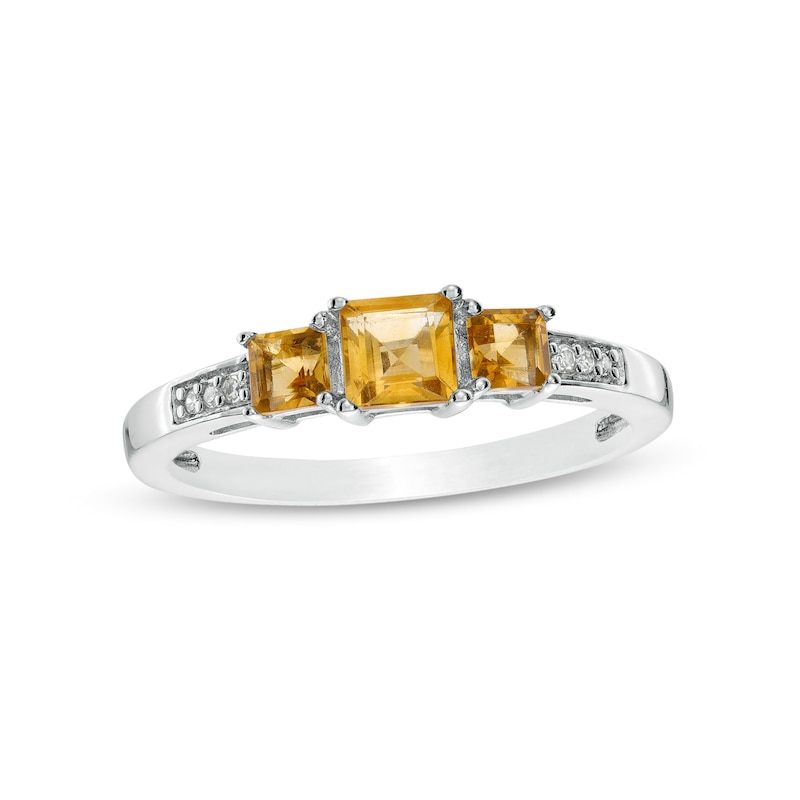 Princess-Cut Citrine and Diamond Accent Three Stone Ring in 10K White Gold|Peoples Jewellers