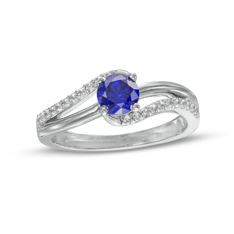5.0mm Lab-Created Blue and White Sapphire Bypass Split Shank Ring in Sterling Silver