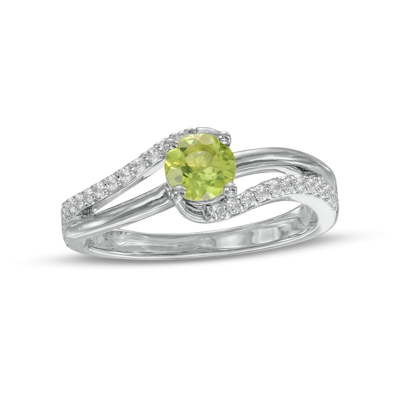 Main Image 1 of 5.0mm Peridot and White Lab-Created Sapphire Bypass Split Shank Ring in Sterling Silver